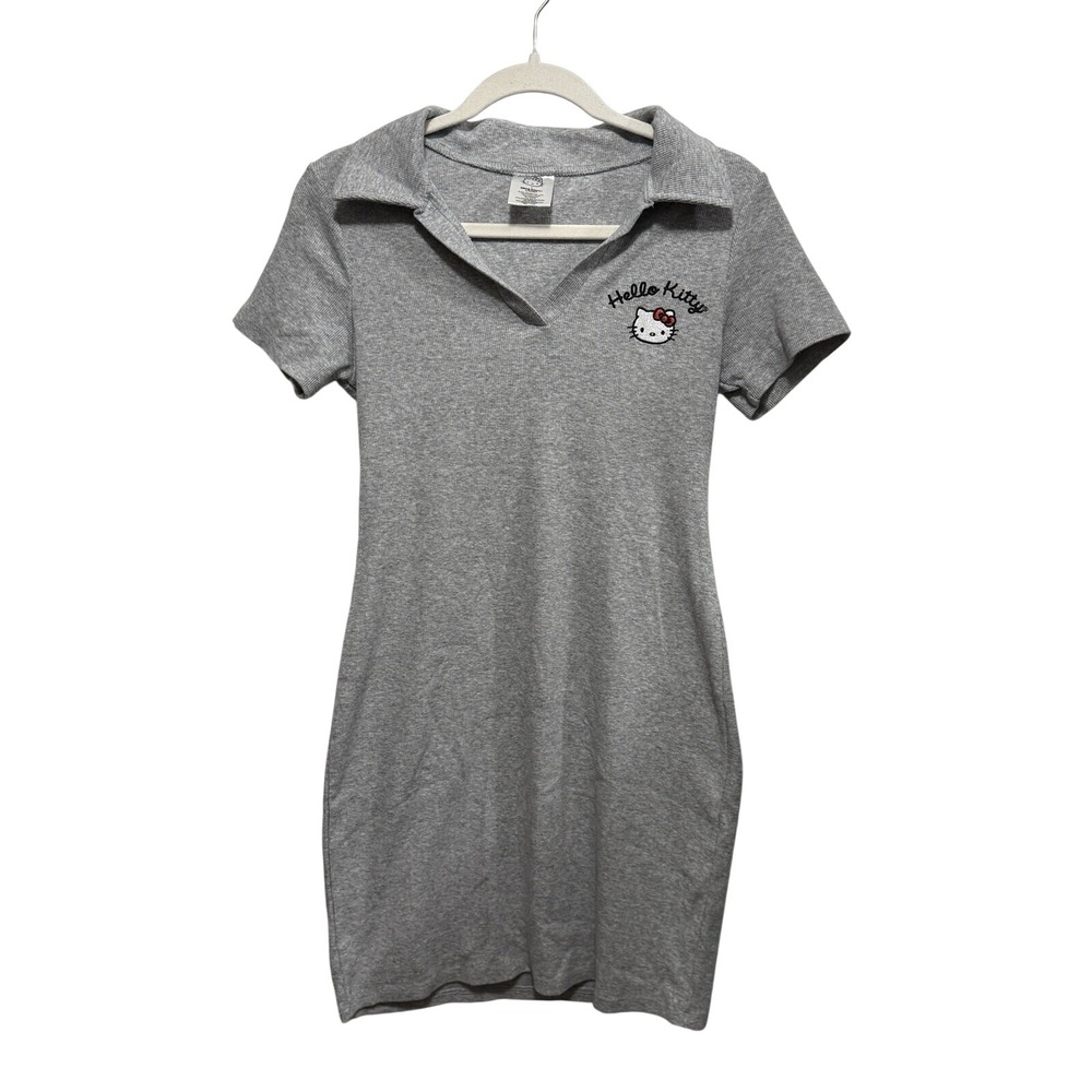 Sanrio Hello Kitty Gray V-Neck Collar Bodycon Dress L Knit Kidcore Kawaii EUC